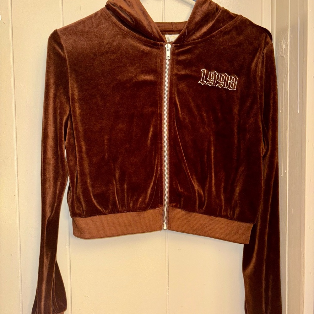 Cropped Vintage Brown Velour Zip-Up Hoodie